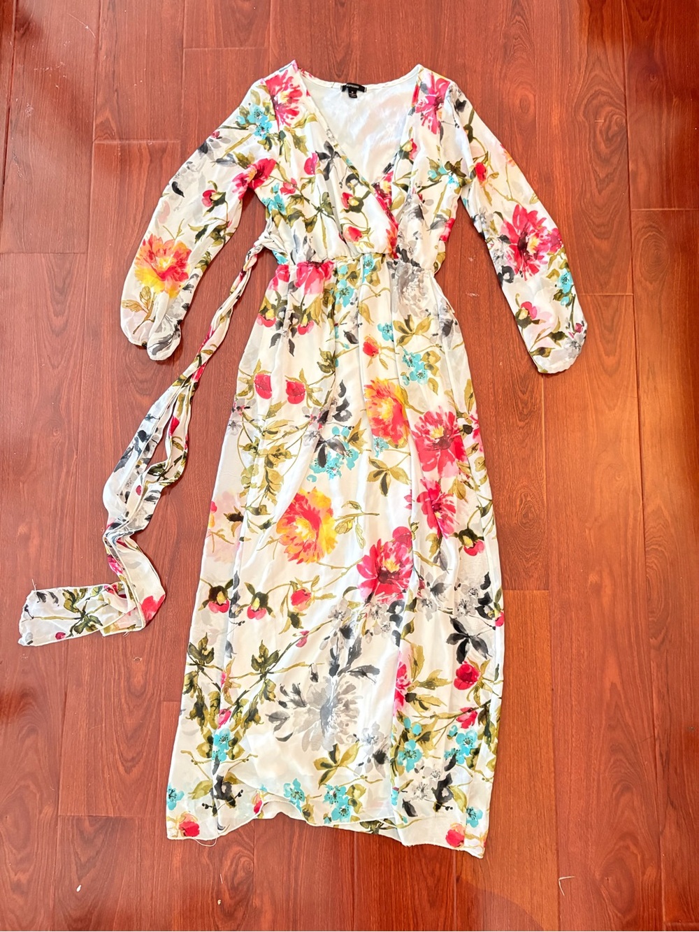Espresso White Floral Wrap Dress with Pink, White Yellow & Blue Blooms size m